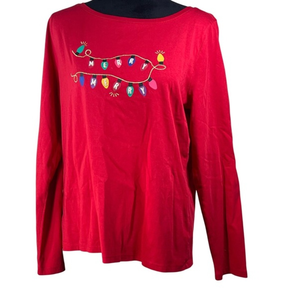 Talbots Womens Red Merry Merry Christmas Lights Long Sleeve Cotton‎ Tee Large